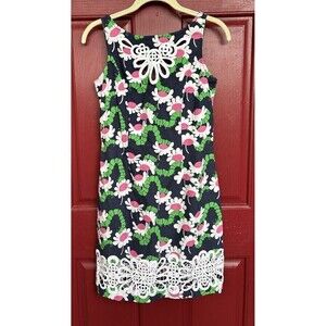 Lilly Pullitzer Dress Navy Multi Floral White Lace Trim Size 0/small EUC